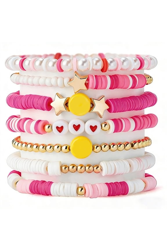 Stretchy Bead Charm Bracelet Set for Women & Girls, 7PCS Adjustable Cute Stacking Bracelets with Smiley Face Heart Star Beads for Kids Teens Friendship Gifts, Pink
