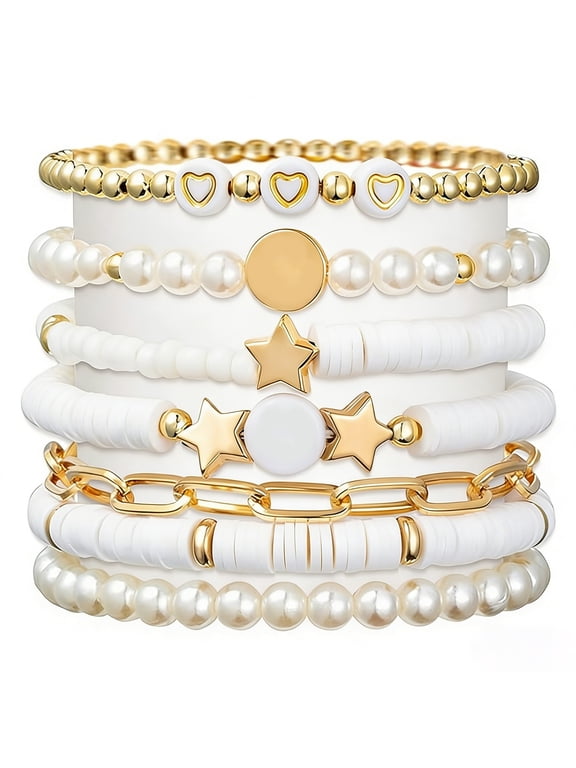 Stretchy Bead Charm Bracelet Set for Women & Girls, 7PCS Adjustable Cute Stacking Bracelets with Smiley Face Heart Star Beads for Kids Teens Friendship Gifts, White