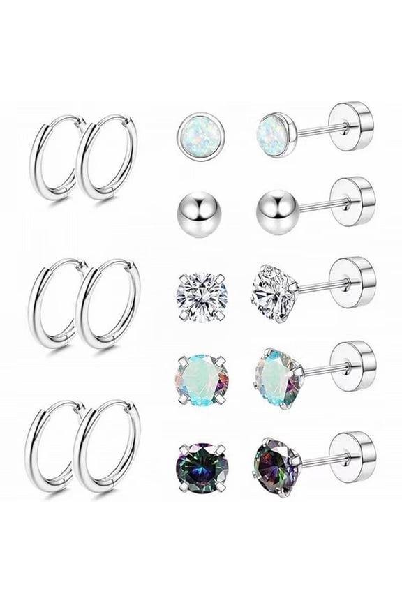 Surgical Earrings, 8 Pairs 20G Flat Back Stud and Hoop Earrings Set for Women Men, Round Zircon Hypoallergenic Earrings for Sensitive Ears and Multiple Piercing