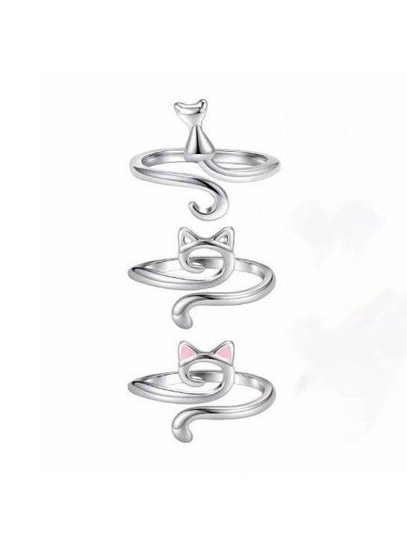 Women's Elegant Open Ring Set, 3 Piece Cat Shaped Stacking Rings, Adjustable Vintage Knit Crochet Ring Set, Copper Rings for Women, Mother, Girlfriend