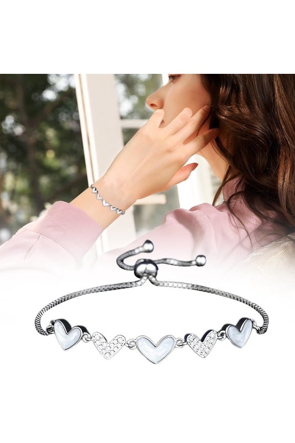 Women's Zircon Heart Push Pull Bracelet Sterling Silver Plated Copper Adjustable Slide Fashion Jewelry Gift for Her