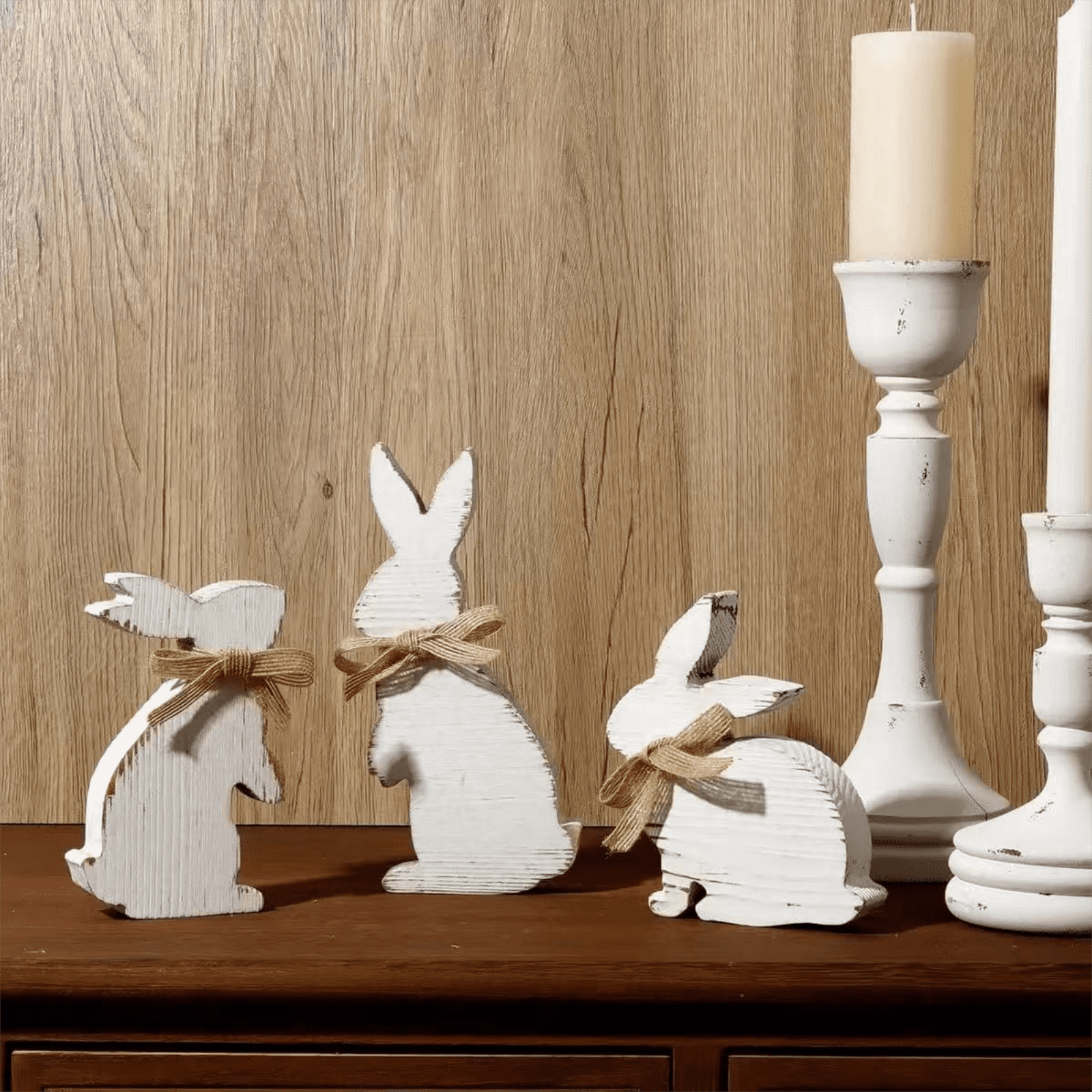 Miommo Wooden White Easter Bunny Set Of 3 Rustic Rabbit Figurines ...
