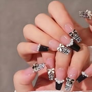 Miora 24Pcs Long Coffin Press On Nails, Black French Tip Fake Nails with Rhinestone Charms Reusable False Nail Kit