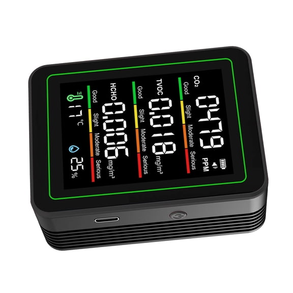 Mioren Air Quality Monitor Quality Air Quality Monitor LCD Color Screen 5 in 1 Temperature Humidity CO2 TVOC HCHO Detector Indoor Air Tester with NDIR Sensor Black