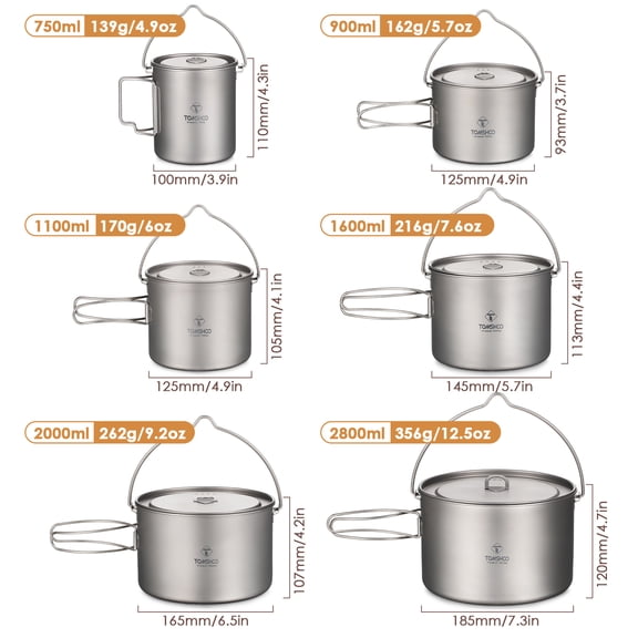 Mioren camping pot Titanium Titanium Pot 750ml/900ml/1100ml/1600ml/2000ml/2800ml Hanging Pot with Lid and Foldable Handle Outdoor Camping Backpacking Cooking Picnic