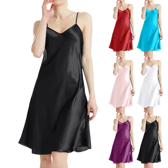 Miorin Under $10 Women's Satin Silk Nightgown Fashion Solid Color V-neck Chemise Sleepwear Lace Nightwear Soft Nightdress, Black Nightgowns & Sleepshirts, L