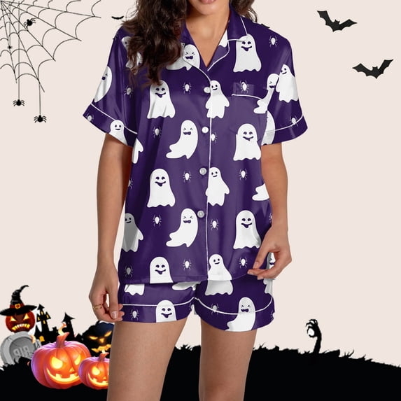 Miorin Under $11 Women's Halloween Pajama Set with Cute Ghost Print Short Sleeve Button Down 2-Piece Sleepwear Soft Pjs Lounge Sets Casual Loungewear for Halloween Cos-tumes, 2XL
