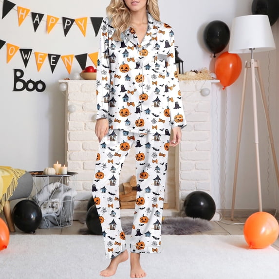 Miorin Under $15 Women's Halloween Pajamas Set - 2 Piece Button Down Shirt & Pants, Cute Fall Ghost Pumpkin Print Pjs, Soft Sleepwear Lounge Sets for Women, 2XL