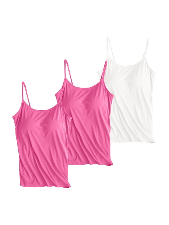 Miorin 3 Pieces Women Camisole Tank Tops with Built-in Padded Bra, Adjustable Spaghetti Strap Scoop Neck Modal Cami Shirts, Undershirt for Daily Casual Lounge Outdoor, Dark Blue 2XL
