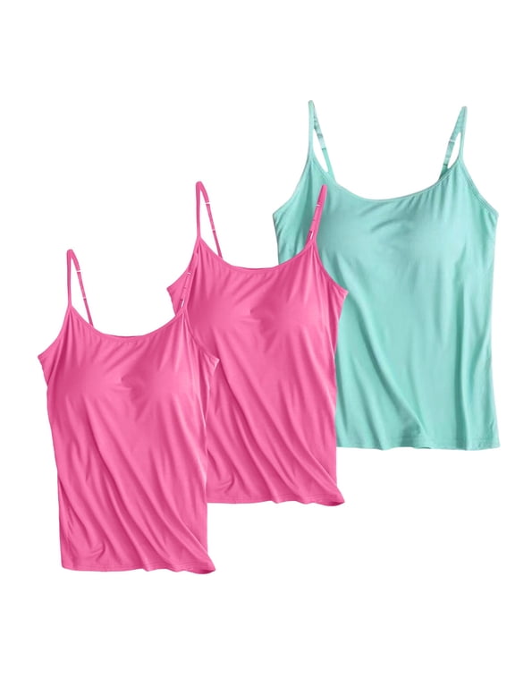 Miorin 3 Pieces Women Camisole Tank Tops with Built-in Padded Bra, Adjustable Spaghetti Strap Scoop Neck Modal Cami Shirts, Wireless Shelf Bra Undershirt for Daily Casual Lounge Outdoor, Beige 4XL