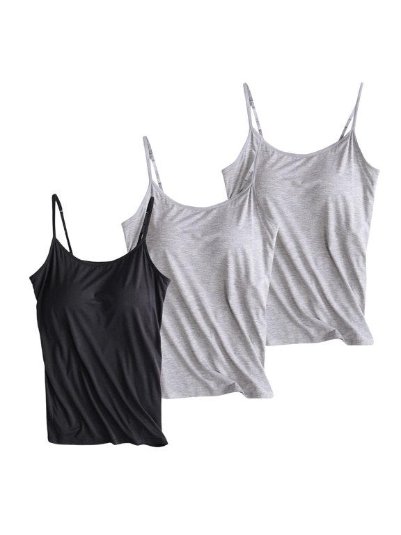 Miorin 3 Pieces Women Camisole Tank Tops with Built-in Padded Bra, Adjustable Spaghetti Strap Scoop Neck Modal Cami Shirts, Wireless Shelf Bra Undershirt for Daily Casual Lounge Outdoor, Blue XL