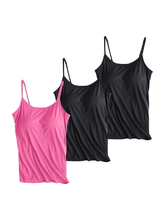 Miorin 3 Pieces Women Camisole Tank Tops with Built-in Padded Bra, Adjustable Spaghetti Strap Scoop Neck Modal Cami Shirts, Wireless Shelf Bra Undershirt for Daily Casual Lounge Outdoor, Khaki L