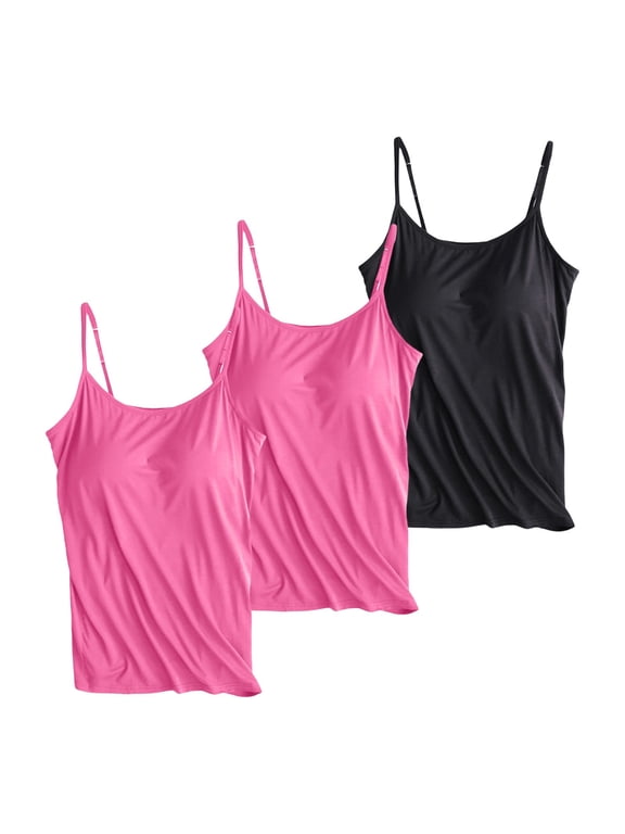 Miorin 3 Pieces Women Scoop Neck Adjustable Spaghetti Strap Tank Tops with Built-in Padded Bra, Solid Loose Basic Layering Cami Multi Color for All Season Loungewear, Orange 3XL