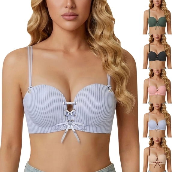 Miorin Under $3 Push Up Bras for Women, Striped Lace‑Up Wireless Bra, Removable Convertible Thin Straps Breathable Supportive Tshirt Bra, No Underwire Minimizer Womens Bra for Evening & Casual Wear