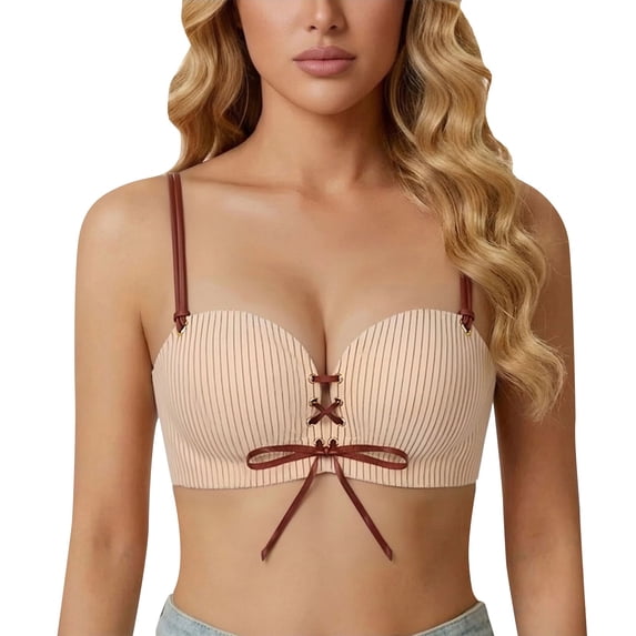 Miorin Under $3 Wireless Bra for Women, Striped Pattern Lace‑Up Push Up Bra, Removable Double Thin Straps Supportive Breathable T Shirt Bra, No Underwire Minimizer Womens Bra for Daily Party Wear