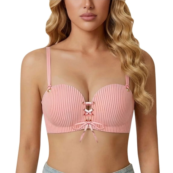 Miorin Under $3 Wireless Bra for Women, Striped Pattern Lace‑Up Push Up Bra, Removable Double Thin Straps Supportive Breathable T Shirt Bra, No Underwire Minimizer Womens Bra for Daily Party Wear