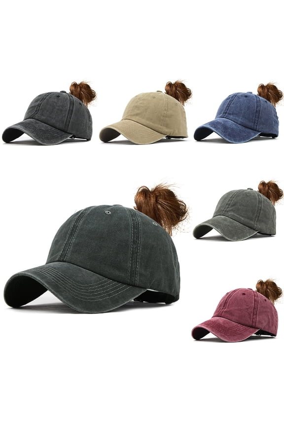 Miorin Under $5 Women High Ponytail Hole Washed Distressed Baseball Cap, Hollow Bun Soft Cotton Dad Hat for, Adjustable Outdoor Running Gardening Sun Visor Hat, 5 Retro Washed Colors