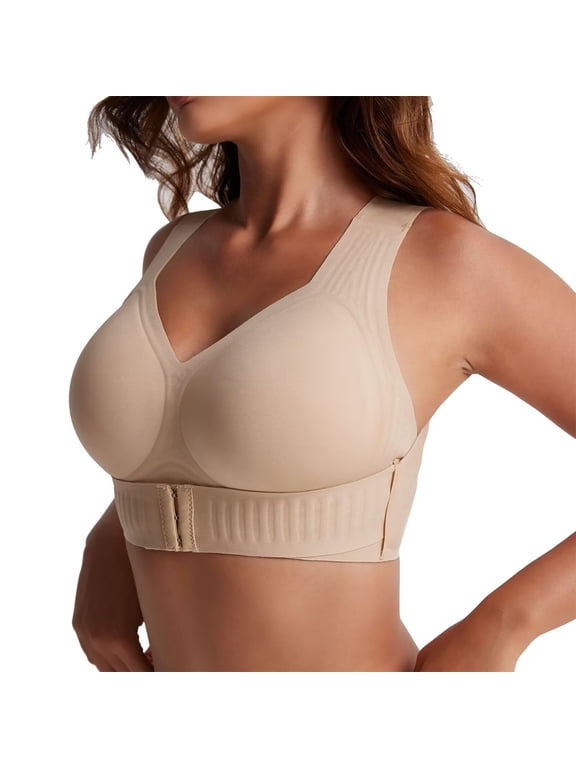 Under $8 Back Closure Seamless Wireless Bras for Women, V‑Neck Wide Vest‑Strap No‑Underwire Posture Bra, Ribbed‑Side High‑Support Full‑Coverage Plus‑Size Everyday Bra