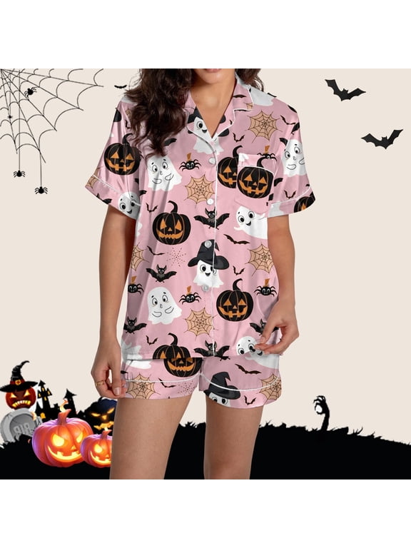 Miorin Under $8 Women Halloween Pajamas Sets Notched Button Down Short Sleeve Top and Shorts Loungewear Sleepwear Cute Print 2 Piece Lounge Set Soft Nightwear, M