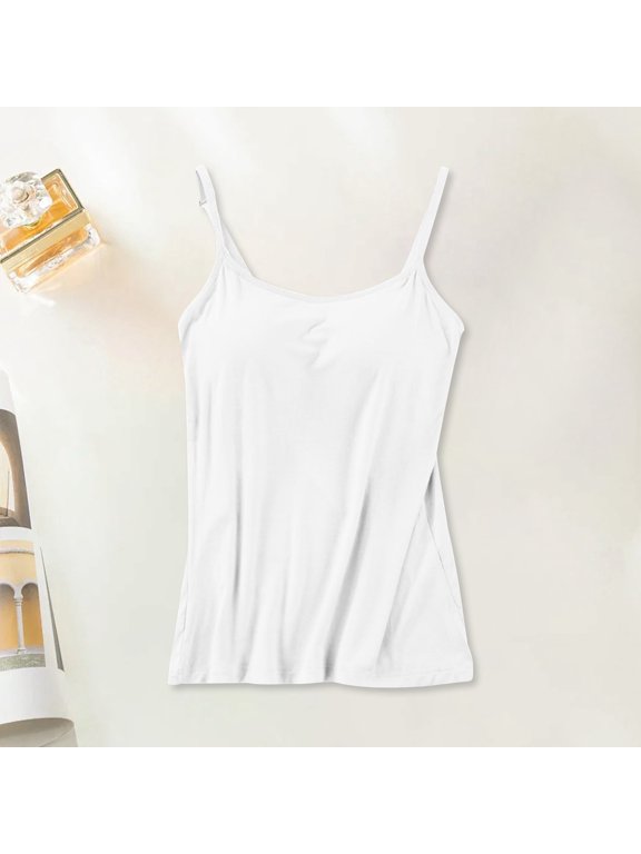 Miorin Adjustable Spaghetti Strap Camisole Tank Tops for Women, Scoop Neck Modal Built-in Padded Shelf Bra Undershirt, Solid Color Layering Loungewear Tank for Daily Casual Outfits, White 3XL