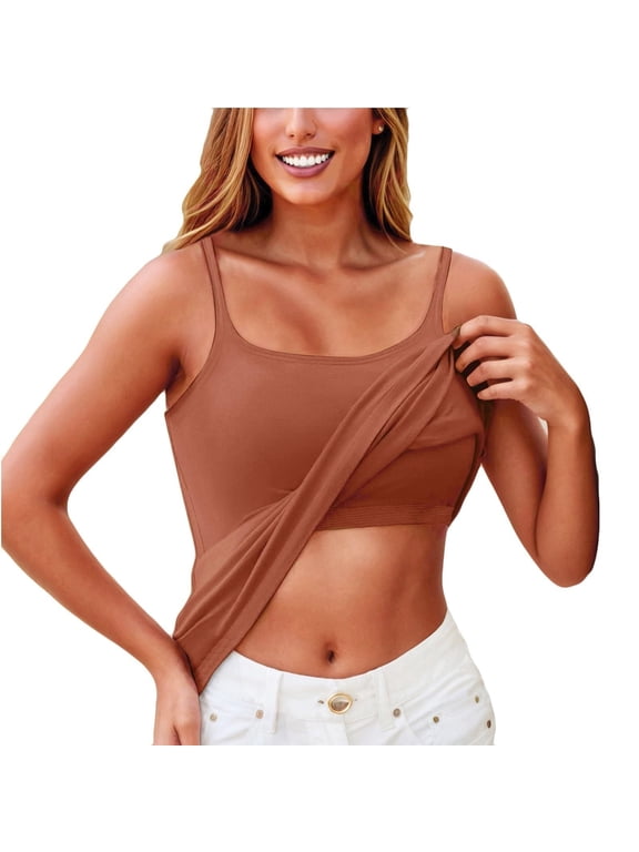 Miorin Built in Bra Tank Tops for Women, Adjustable Spaghetti Strap Square Neck Modal Wireless Shelf Bra Undershirt, Solid Color Layering Loungewear Cami for Daily Casual Clothing, Brown XL