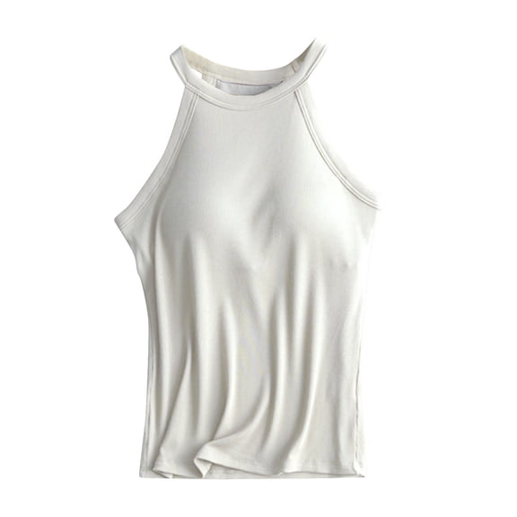 Miorin Tank Tops with Built-in Padded Bra for Women V Neck Ribbed Stretch Knit Slim Fitted Sleeveless Basic Tee, 2026 Casual Summer Clothes for Daily, White L