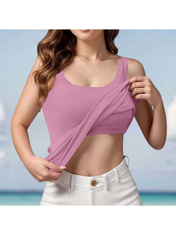U Neck Built in Bra Tank Tops for Women, Modal Wireless Shelf Bra Undershirt, Solid Color Loose Fit Layering Loungewear Vest for Daily Casual Basic Sleeveless Cami Shirts, Dark Purple 3XL
