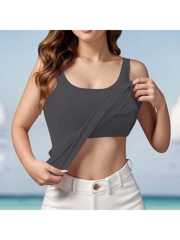 U Neck Built in Bra Tank Tops for Women, Modal Wireless Shelf Bra Undershirt, Solid Color Loose Fit Layering Loungewear Vest for Daily Casual Basic Sleeveless Cami Shirts, Dark Gray 3XL