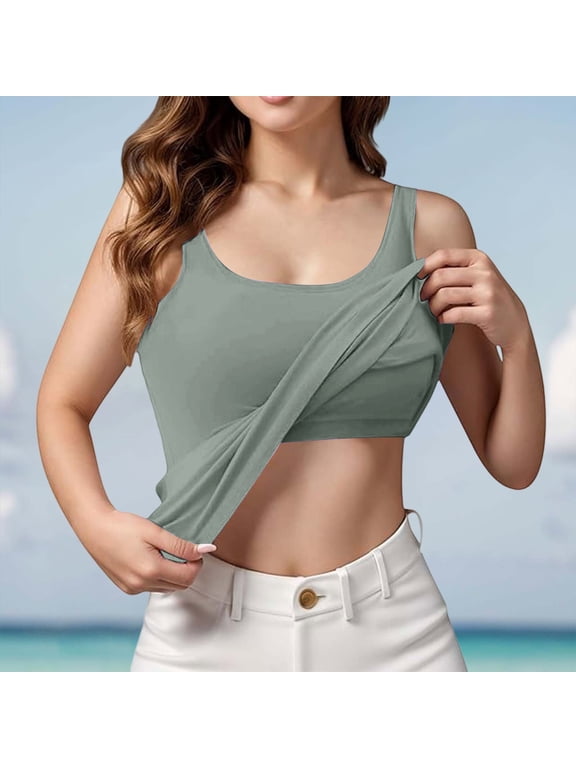U Neck Built in Bra Tank Tops for Women, Modal Wireless Shelf Bra Undershirt, Solid Color Loose Fit Layering Loungewear Vest for Daily Casual Basic Sleeveless Cami Shirts, Light Green XL