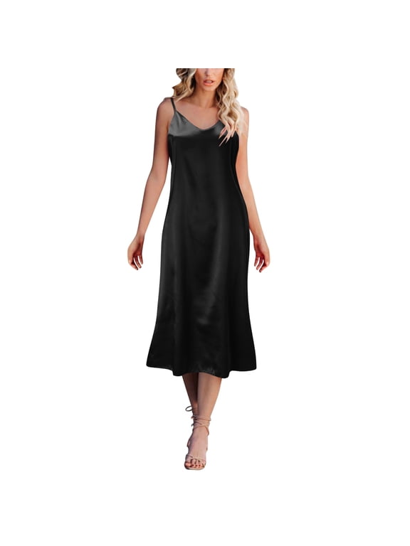 Under $10 Nightgowns for Women Fashion Solid Color Sleeveless Sleepwear Spaghetti Strap Sleep Dress, Black Nightgowns & Sleepshirts, L