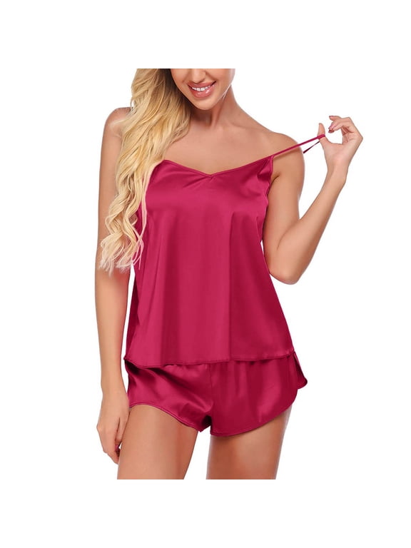 Under $5 Silk Pajama for Women Fashion Solid Color Cami Pajama Set with Shorts Soft Sleepwear Pajams Dress, Hot Pink Pajama Sets, L