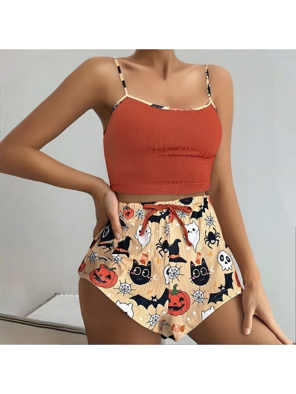 Miorin Under $5 Women Halloween Pajama Set Ribbed Knit Cami Crop Top & Drawstring Print Shorts, Cute Halloween 2 Piece Sleepwear, 3XL