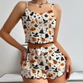 thumbnail image 1 of Miorin Under $5 Women Halloween Pajama Set Ribbed Knit Cami Crop Top & Drawstring Print Shorts, Cute Halloween 2 Piece Sleepwear, S, 1 of 4