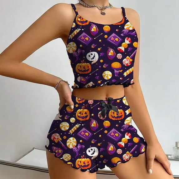 Miorin Under $6 Women Halloween Pajama Set Ribbed Knit Cami Crop Top & Drawstring Print Shorts, Cute Halloween 2 Piece Sleepwear, L