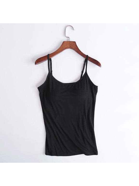 Miorin Women Camisole Tank Tops with Built-in Padded Bra, Adjustable Spaghetti Strap Scoop Neck Modal Cami Shirts, Wireless Shelf Bra Undershirt for Daily Casual Lounge Outdoor, Black M
