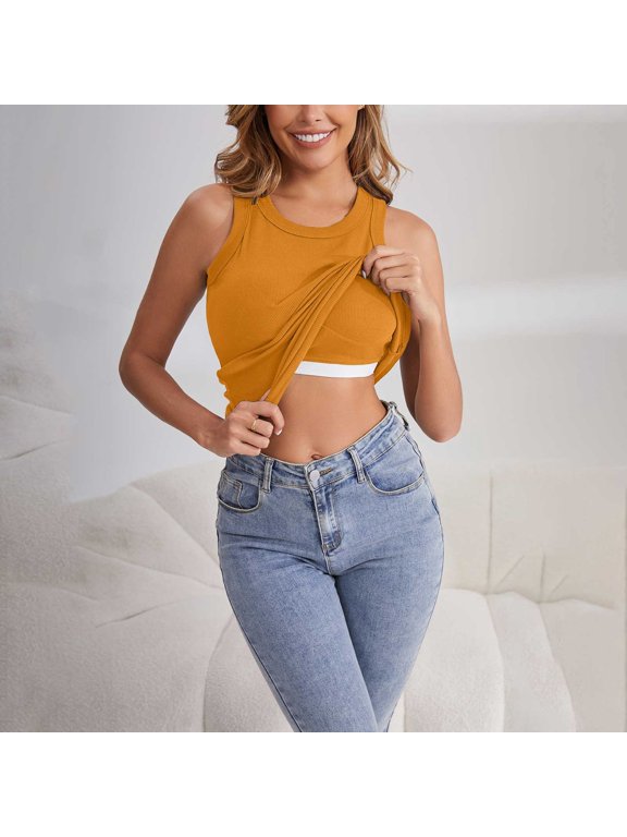 Miorin Women Crew Neck Ribbed Crop Tank Tops with Built-in Padded Bra, Wide Strap Wireless Shelf Bra Undershirt, Solid Color Sleeveless Layering Cami for Summer Daily Casual Outfits, Yellow XL