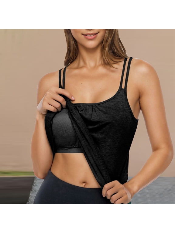 Miorin Women Double Spaghetti Strap Scoop Neck Tank Tops with Built-in Padded Bra, Modal Loose Flowy Wireless Shelf Bra Undershirt, Solid Layering Cami for Yoga Workout Summer Daily Casual, Black 2XL