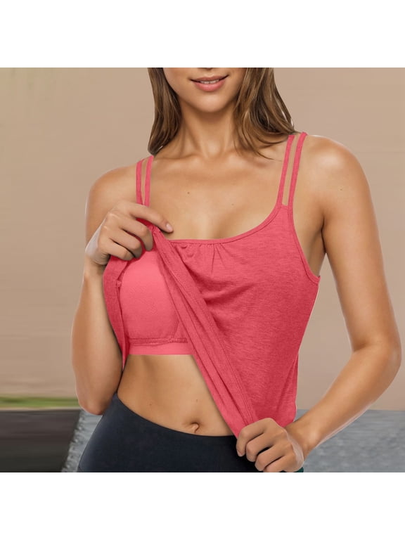 Miorin Women Double Spaghetti Strap Scoop Neck Tank Tops with Built-in Padded Bra, Modal Loose Flowy Wireless Shelf Bra Undershirt, Solid Layering Cami for Yoga Workout Summer Daily Casual, Red M