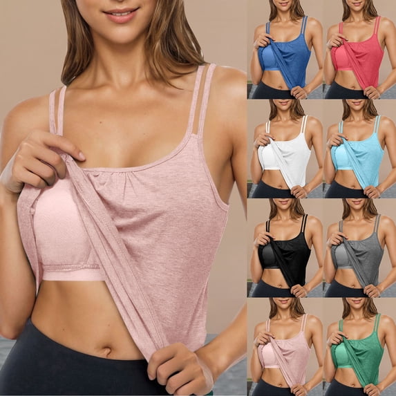Miorin Women Double Spaghetti Strap Scoop Neck Tank Tops with Built-in Padded Bra, Modal Loose Flowy Wireless Shelf Bra Undershirt, Solid Layering Cami for Yoga Workout Summer Daily Casual, Blue L
