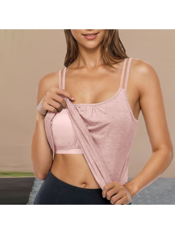 Miorin Women Double Spaghetti Strap Scoop Neck Tank Tops with Built-in Padded Bra, Modal Loose Flowy Wireless Shelf Bra Undershirt, Solid Layering Cami for Yoga Workout Summer Daily Casual, Pink L