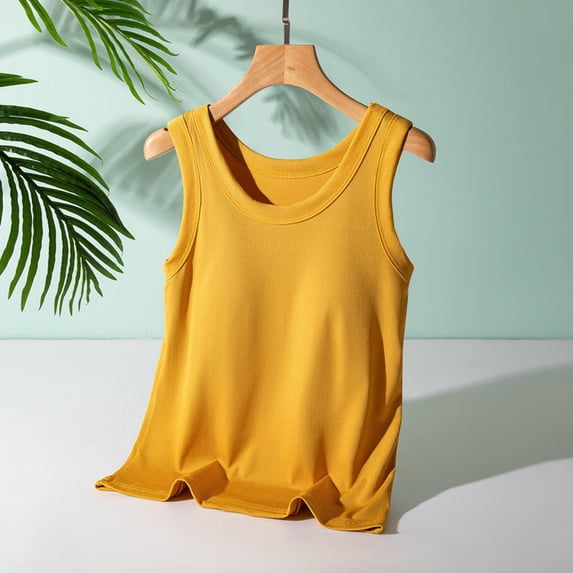 Miorin Women Ribbed Wide Strap Scoop Neck Tank Tops with Built-in Padded Bra, Solid Slim Fit Layering Cami, Breathable Basic Sleeveless Vest for Summer Daily Inner Loungewear, Yellow L