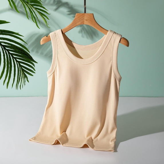 Miorin Women Ribbed Wide Strap Scoop Neck Tank Tops with Built-in Padded Bra, Solid Slim Fit Layering Cami, Breathable Basic Sleeveless Vest for Summer Daily Inner Loungewear, Rose Gold 2XL