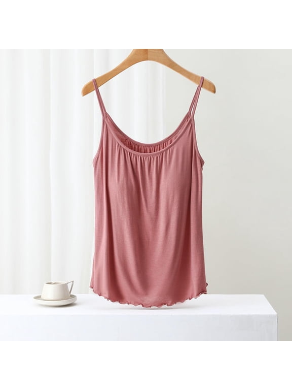 Miorin Women Scoop Neck Built-in Bra Tank Tops, Thin Spaghetti Strap Modal Loose Flowy Wavy Hem Undershirt, Solid Relaxed Layering Cami for All Season Loungewear Daily Inner Wear, Pink XL