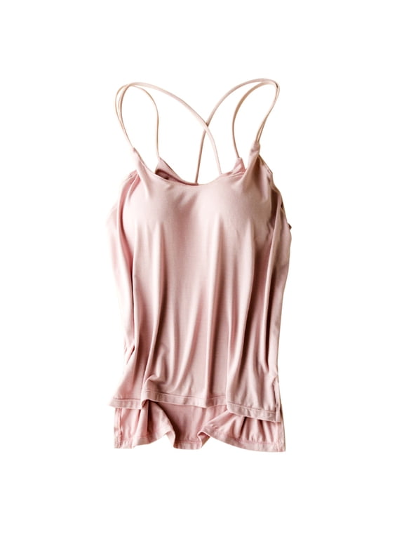 Miorin Women Scoop Neck Tank Tops with Built-in Padded Bra, Criss Cross Double Spaghetti Strap Wireless Shelf Bra Undershirt, Basic Summer Fitness Workout Casual Tops Daily Loungewear, Pink L