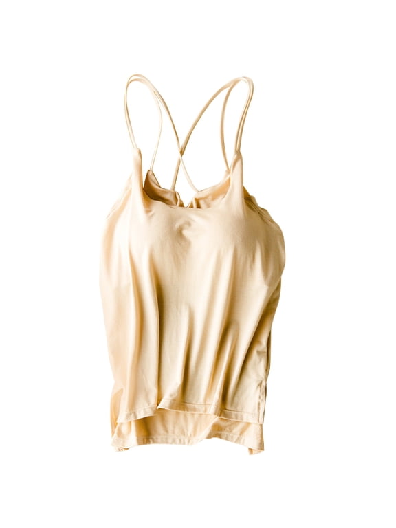 Miorin Women Scoop Neck Tank Tops with Built-in Padded Bra, Criss Cross Double Spaghetti Strap Wireless Shelf Bra Undershirt, Basic Summer Fitness Workout Casual Tops Daily Loungewear, Beige L