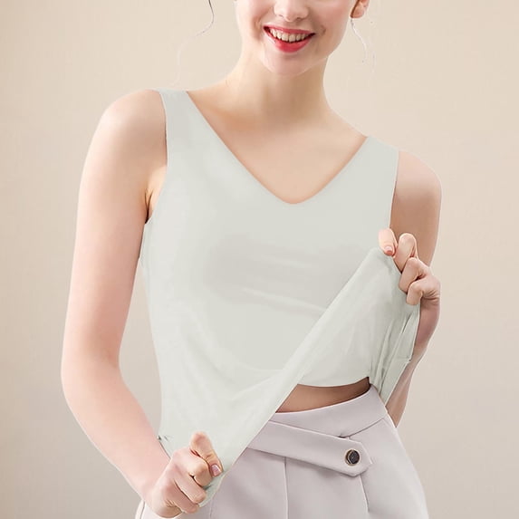 Miorin Women Seamless Ice Silk Deep V Neck Tank Tops, Wide Strap Sleeveless Undershirt, Solid Slim Fit Layering Cami, Cooling Breathable Base Tee for Summer Daily Office Inner Wear, White XL
