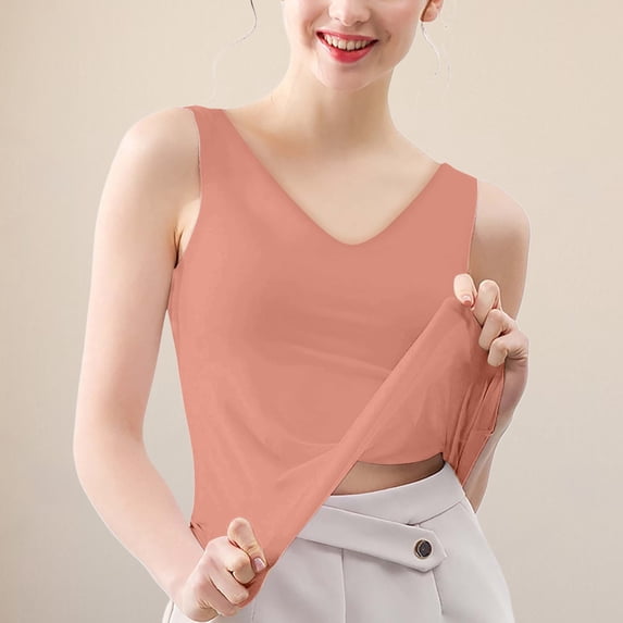Miorin Women Seamless Ice Silk Deep V Neck Tank Tops, Wide Strap Sleeveless Undershirt, Solid Slim Fit Layering Cami, Cooling Breathable Base Tee for Summer Daily Office Inner Wear, Orange 2XL