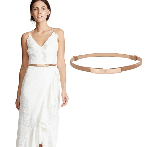 Miorin Women Skinny Elastic Belt for Dresses Under $ 5, Stretchy Waist Belt with Gold Buckle, Retro Ladies Dress Belt for Jeans Pants, Beige Belt