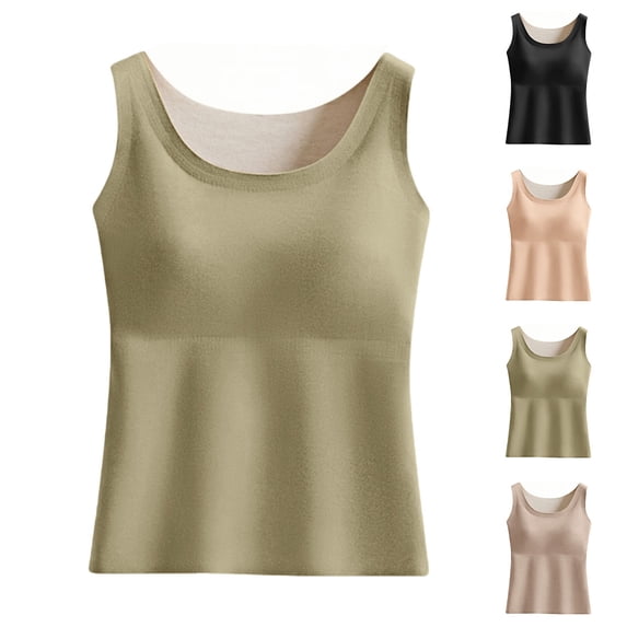 Miorin Women Tank Tops with Built-in Padded Bra Double Lined Fleece Lined Wide Strap Scoop Neck Thermal Seamless Undershirt, Fitted Cold Weather Base Layer Cami for Fall Winter Daily, Beige XL