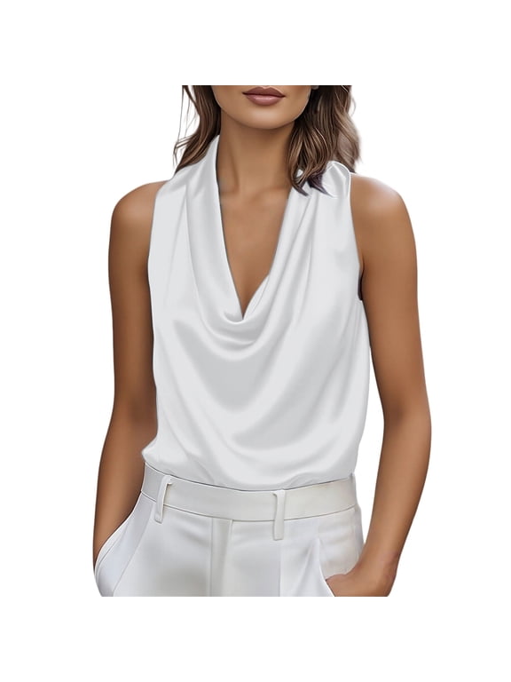 Miorin Women's Satin Cowl Neck Sleeveless Top Silky Draped Front Elegant Party Blouse Lightweight Going Out Top